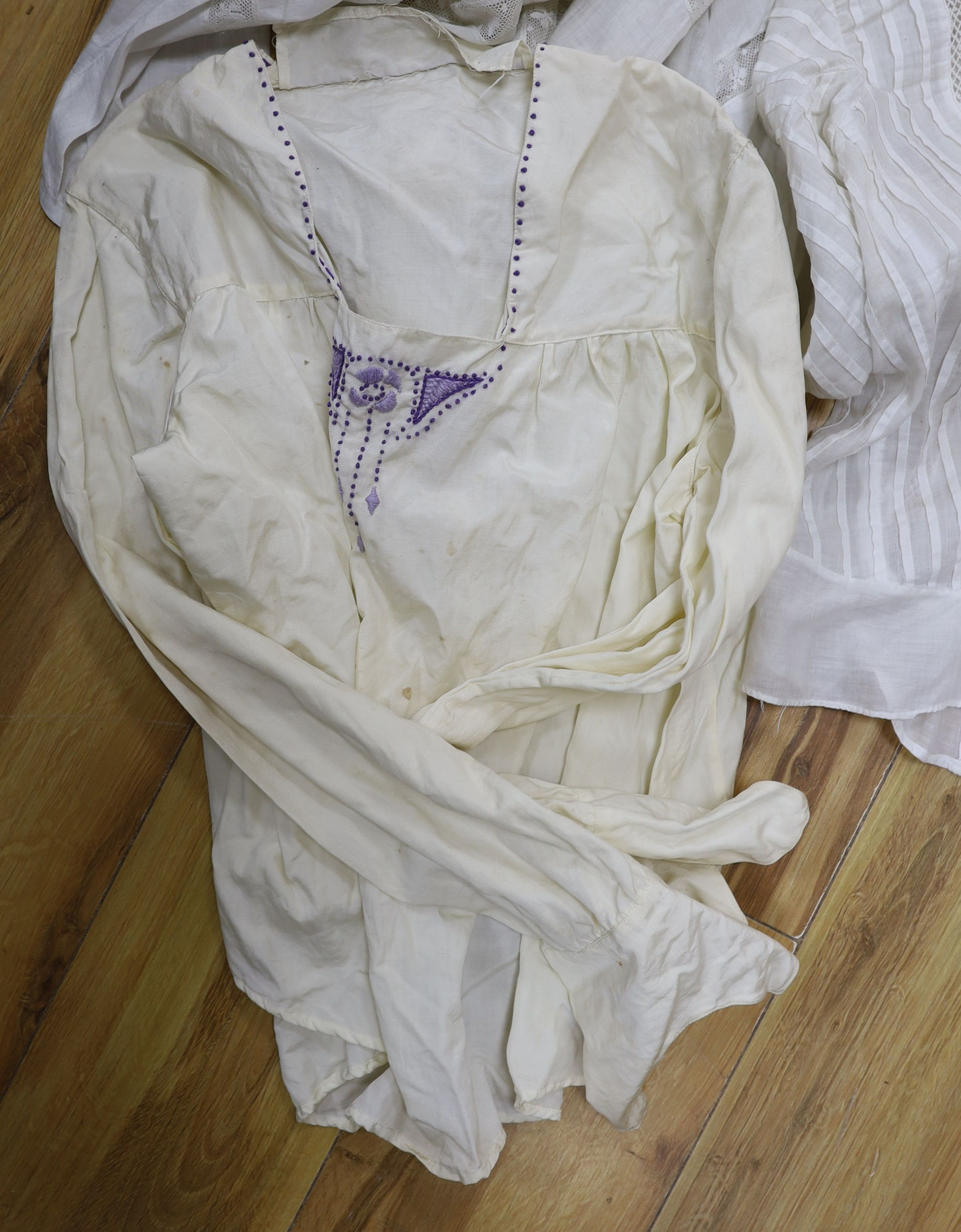 Six Edwardian fine lawn ladies summer blouses with lace and embroidered and pintucked panel and a camisole